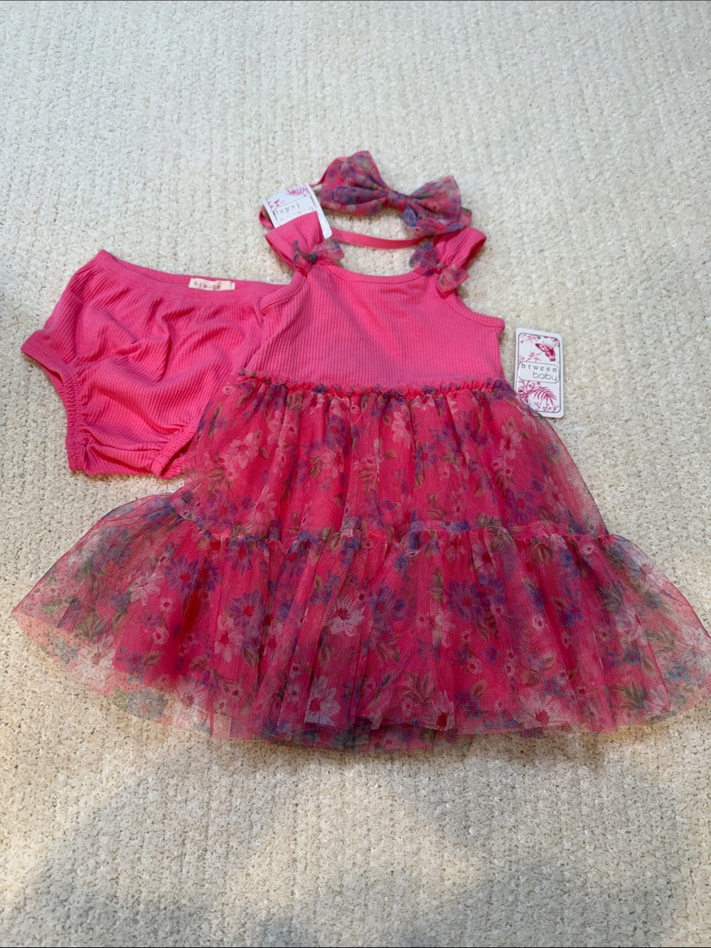 btween Hot Pink Floral Tulle Dress with Matching Bloomers and Headband